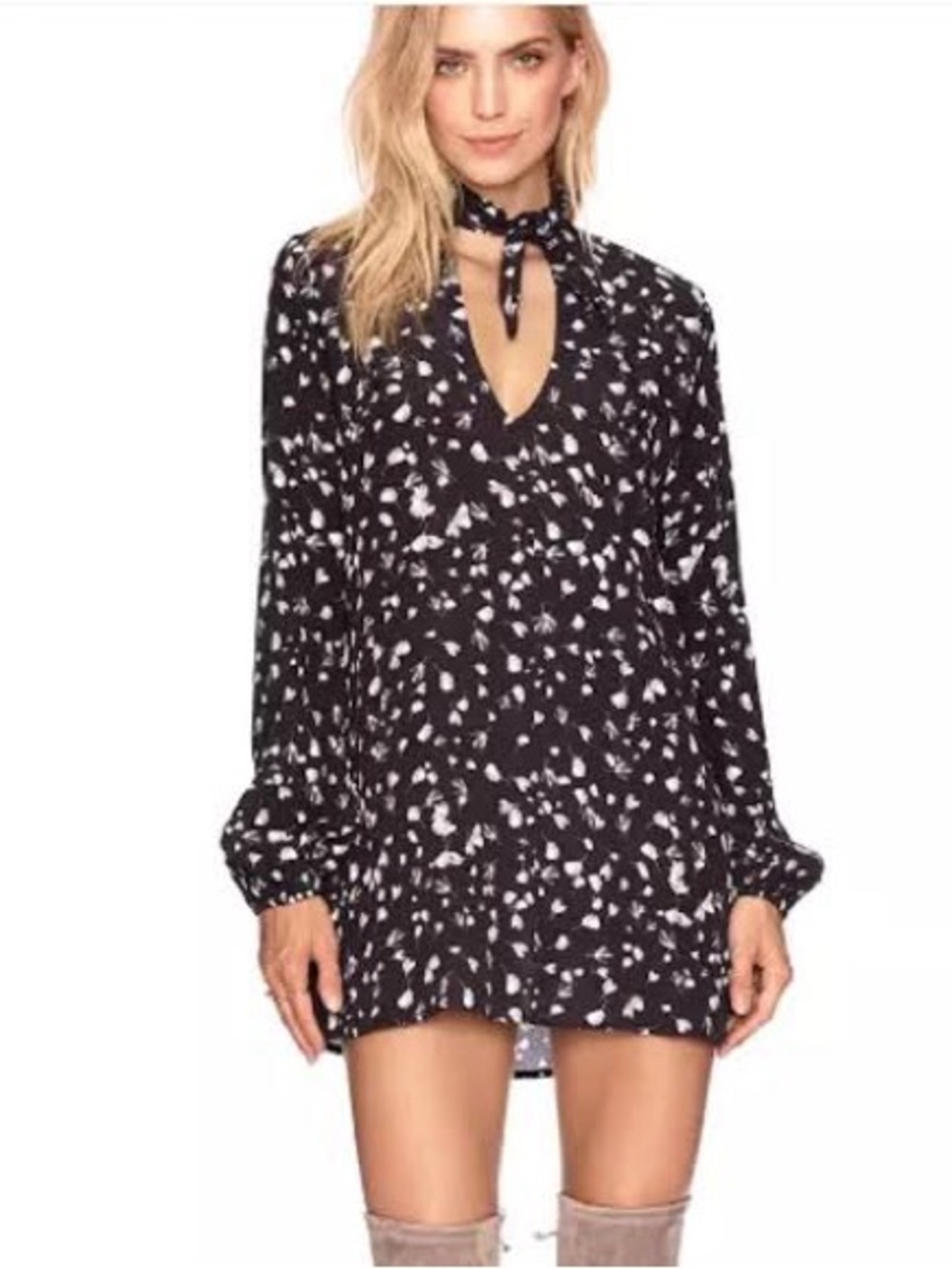 Beach Riot Black & White Printed Tie-Neck Long-Sleeve Mini Dress